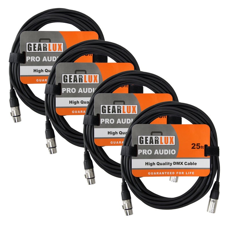Gearlux كابل جيرلوكس DMX، 3 دبابيس، ذكر إلى أنثى، 25 قدم - 4 عبوات - Image 1